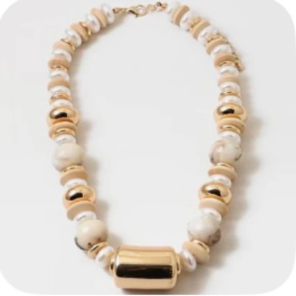 Elegant Gold and Cream Resin Beaded Necklace